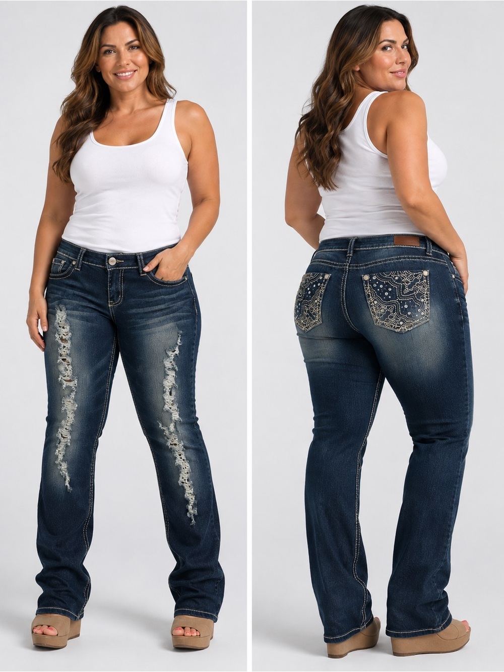 Almost Famous Bootcut Jeans Size 14 Dark Blue Distressed Embroidered Pockets
